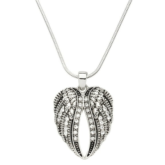 Angel Wing Pendant Necklace Earring Rhinestone Crystal Rhodium Plated 17 Inch Snake Chain J0969