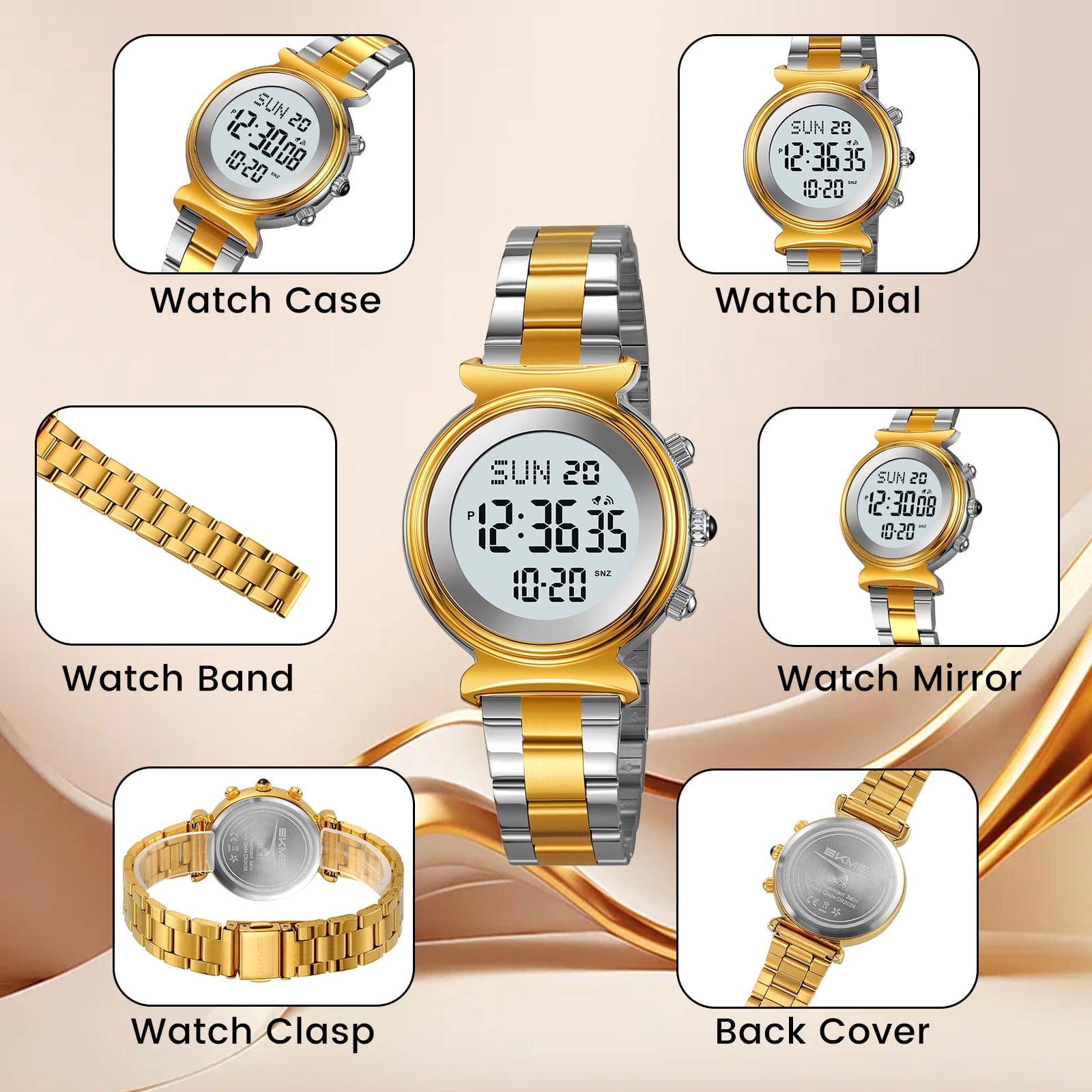 SKMEI Women Digital Watch Waterproof Dual Time Date LED Watch Ladies Business Wristwatch Stainless Steel Watch for Women