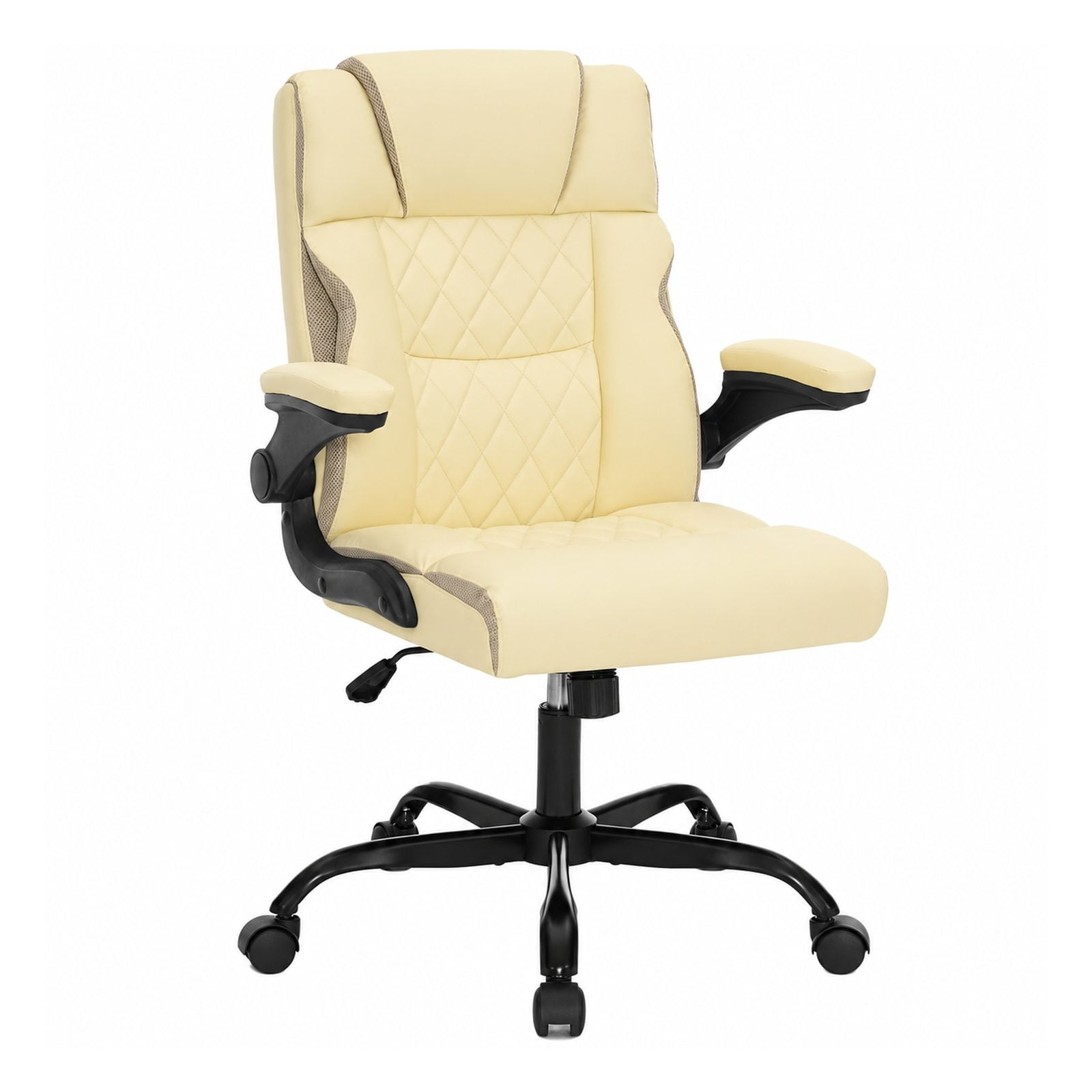 Beige Ergonomic Executive Office Chair with Flip-up Armrests Swivel Computer Task Chair on Wheels Small Gaming Chair with Rocking Function for Home Office
