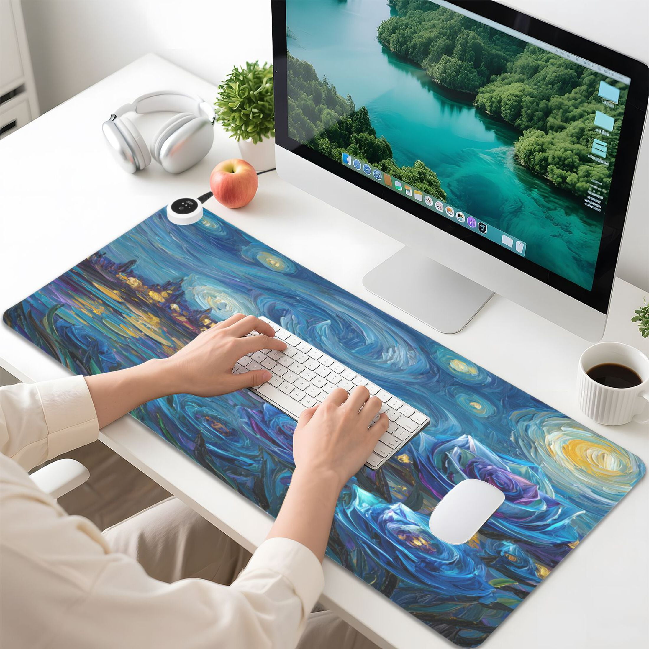 Large Heated Desk Mat Mouse Pad 31.5"x13"PU Leather Graphene Heating Desk Warmer with 3 Temperature Settings 110V US Plug Non-Slip Warm Pad for Home, Office, and Gaming Starry Night Blue Roses