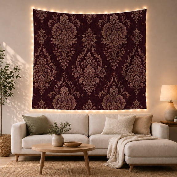Ornate Damask Medallions on a Rich Burgundy Background, Majestic Vintage for Boho Decor Lovers, Classic Elegant Wall Art, Housewarming Gift Tapestry Wall Hanging for Bedroom and Living Room