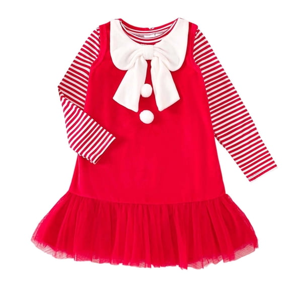 Huowey Girls Christmas Dress Suit Long Sleeve Striped Round Neck Pullover Tops T Shirt And Bowknot Ruffle Dresses Stylish Outfits Dailywear,Red,2-3 Years