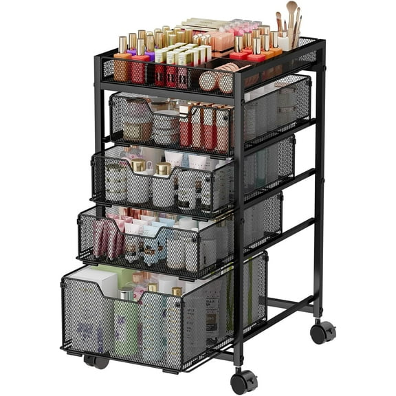 5-Tier Rolling Makeup Cart Organizer with 4 Drawers, Cosmetics Display with Dividers, Floor Skincare Storage with Wheels, Versatile Vanity Organizer for Nail Polish Perfume Brush Hair Tool, Black