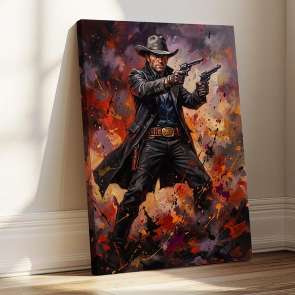 1.5-Inch Thick Canvas Print Wall Art for Living Room, Bedroom, Office or Entryway  Decorative Wall Decor with Cowboy With Dual Pistols In Action -16Lx24x1.5 in