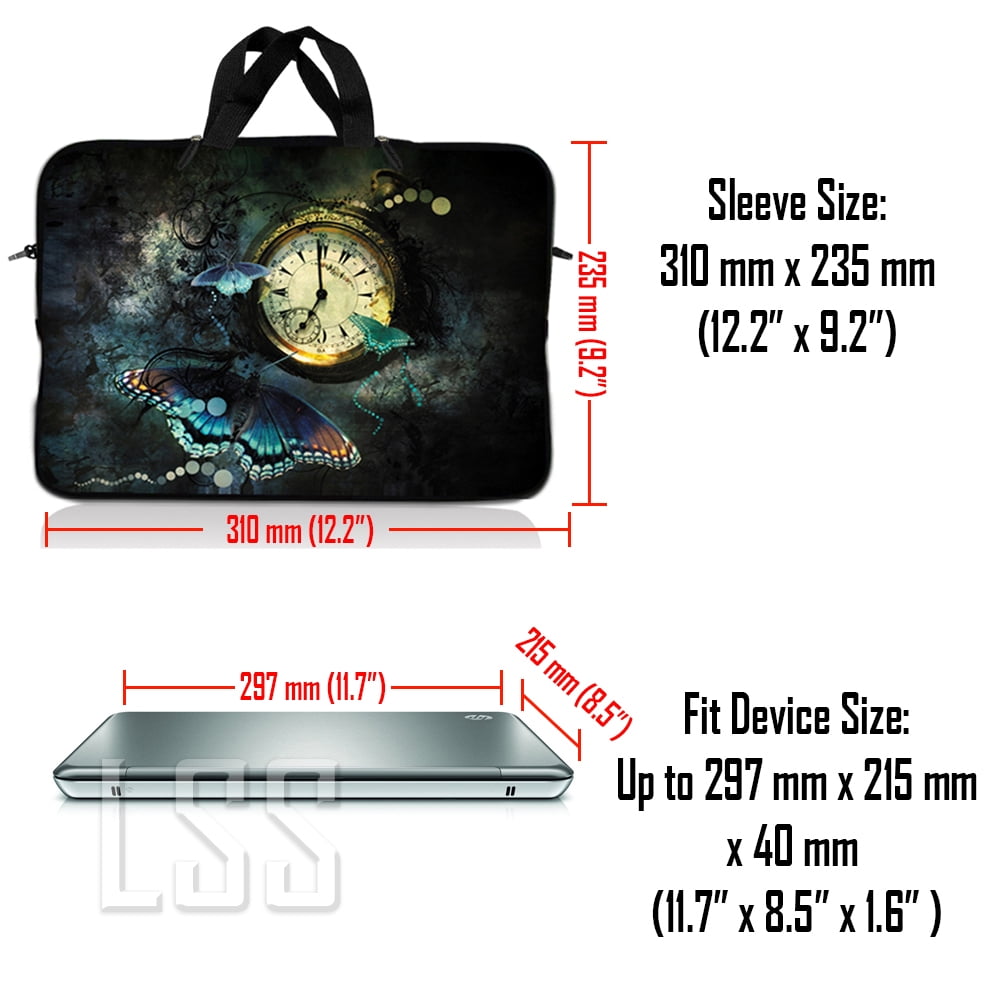LSS 10-11.6 inch Neoprene Laptop Sleeve Bag Carrying Case with Handle and Adjustable Shoulder Strap - Clock Butterfly Floral