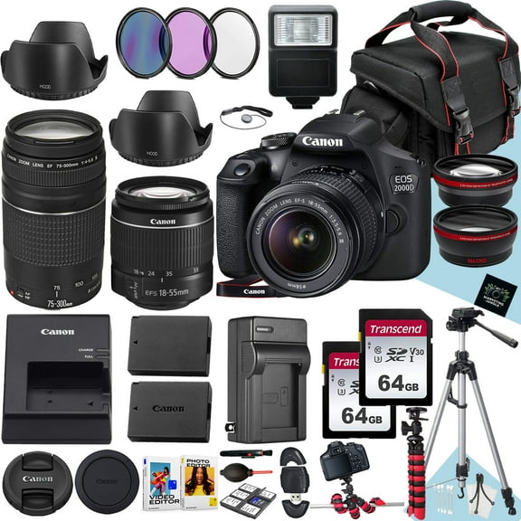 Canon EOS 2000D / Rebel T7 DSLR Camera With Canon EF-S 18-55mm F/3.5-5.6 DC III Zoom And EF 75-300mm f/4-5.6 III Lens   128 GB Memory   Extra Battery   Tripod   More (33pc Bundle)
