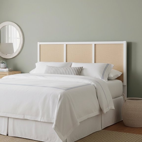 LiviNest Coastal King Headboard: White Rattan Panel Bed Headboard - Adjustable Height Kiln-Dried Wood Construction for Vacation Rental Bedrooms & Coastal Style Decor