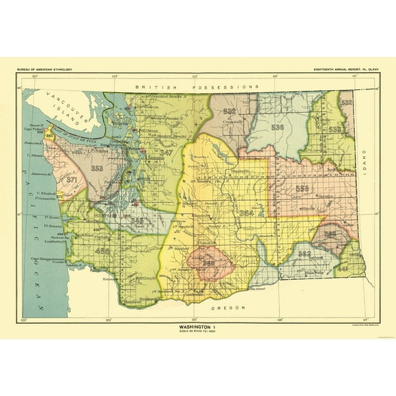 Historic State Map - Washington - Hoen 1896 - 32.29 x 23 - Vintage Wall Art