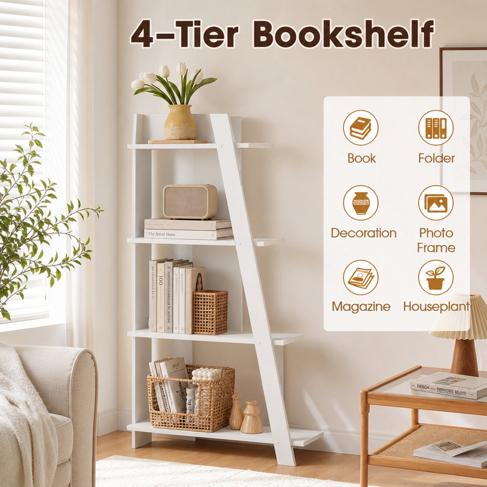 Furnibear 4-Tier Modern Bookshelf Wooden Vertical Display Book Shelf for Small Space for Living Room Home Office Bedroom Display Storage Shelf, White
