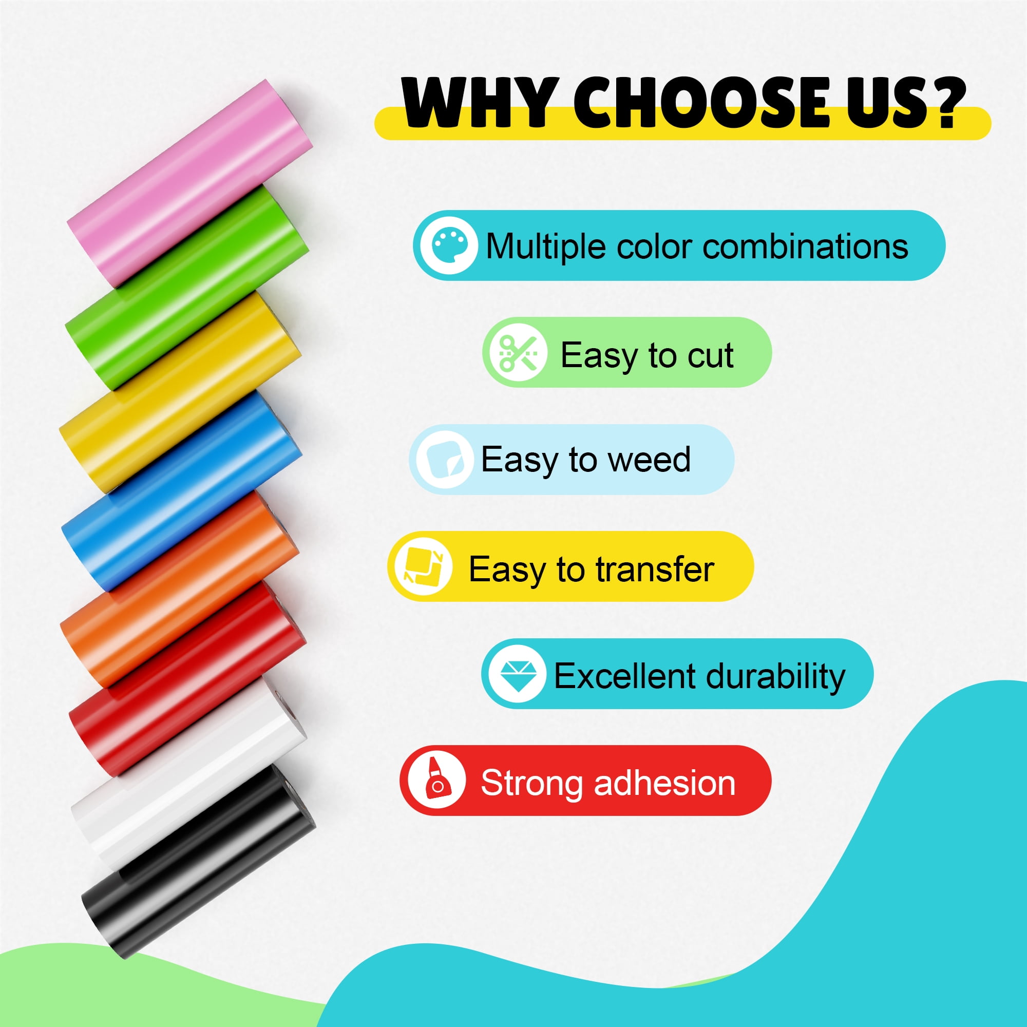 8-Color Permanent Adhesive Vinyl Roll, 4.5in x 6ft Outdoor PET Vinyl for Likcut, Cricut & Cutting Machines, Waterproof Craft Vinyl for Decals, Signs, Stickers, for DIY Project