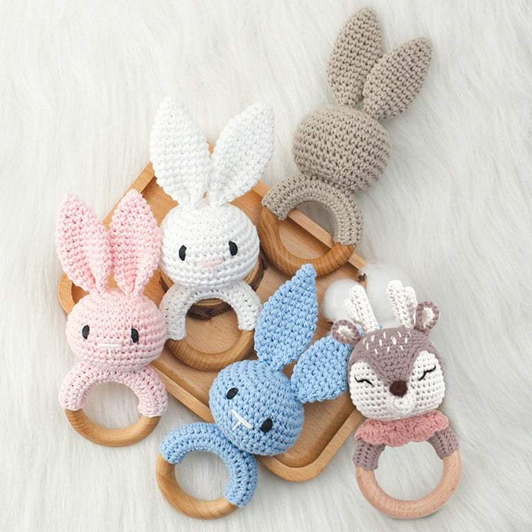 Cartoon Rabbit Crochet Plush Ring Wooden Bunny Baby Rattle Plush Rattles Toys for Infants, Size: One size, Pink