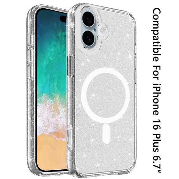For Apple iPhone 16 Plus (6.7") MagSafe Compatible Glitter Shiny Sparkle Bling TPU Rubber Hard PC Back Hybrid Frame Cover ,Xpm Phone Case [ Clear ]