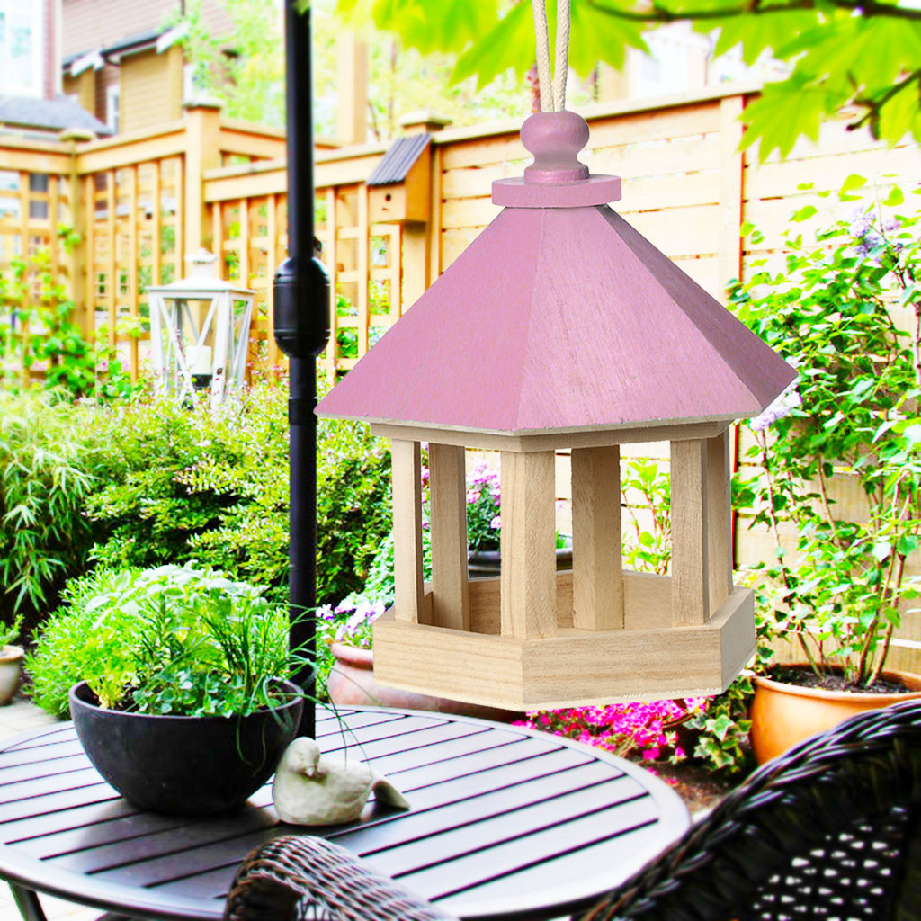 Hanging Wooden Wild Bird Feeder Hexagon Roof Garden Tree Decor Decoration