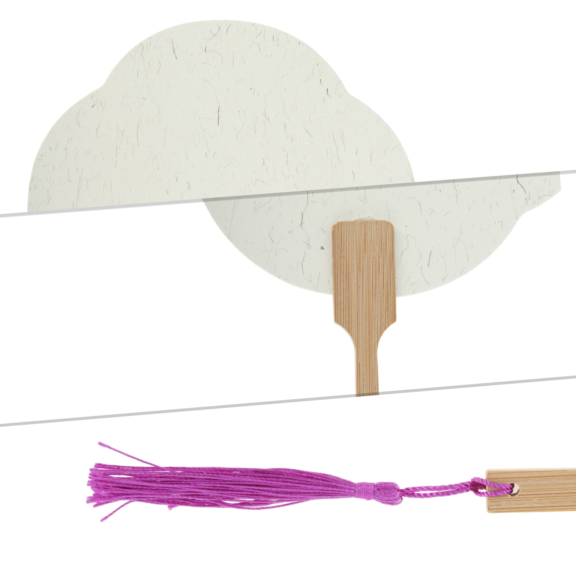 Unique Bargains Folding Fan 1Pc Gray White Long Handle Round Four-Petal Paper