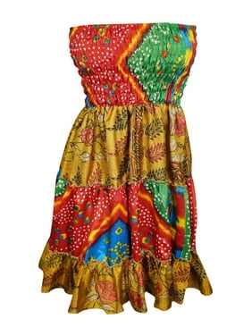 Mogul Women's 2 in 1 Strapless Dress Skirt Silk Sari Printed Vintage Colorful Tiered Boho Style Sundress S/M