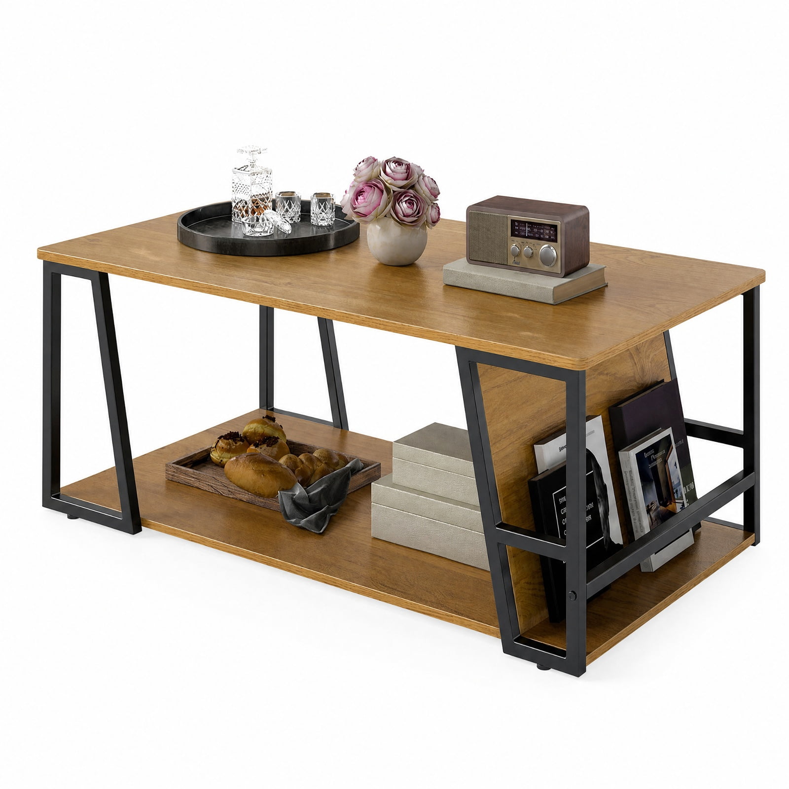 Furnibear Rectangle Industrial Coffee Table 2 Tier Accent Table with Storage Shelf and Side Compartment for Living Room, Natural