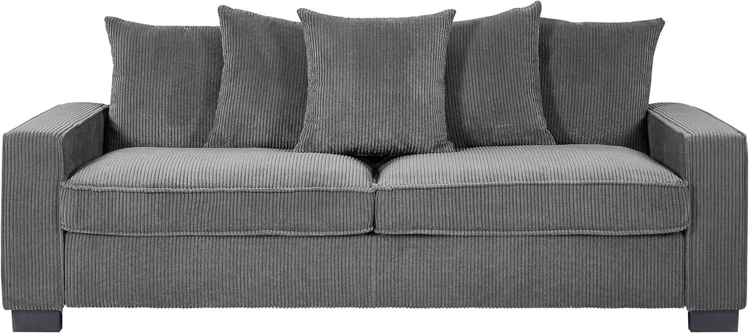 US Pride Furniture Luxe Corduroy Sofa with 5 Matching Toss Pillows, Sleek Design, Spacious and Comfortable 3 Seater Couch for Modern Living Room, Gray