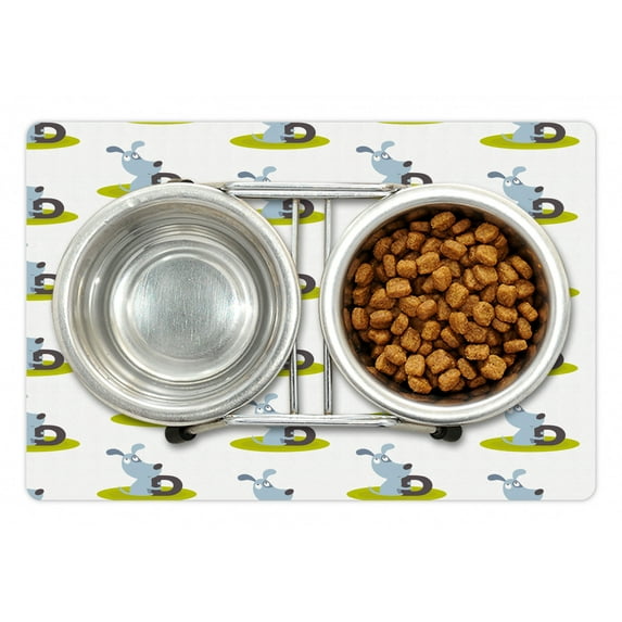 Nature Pet Mat for Food and Water, Illustration of Doggies Holding D Letter Funny Cartoon Style Animal Concept, Non-Slip Rubber Mat for Dogs and Cats, 18" X 12", by Ambesonne