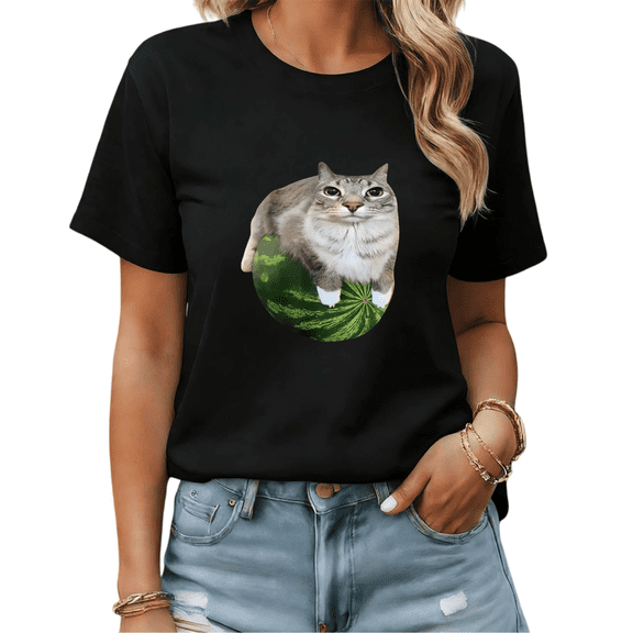 Black Print Tshirt Graphic Tees Cat On Watermelon Funny Summer Casual Shirts S-5XL Tops