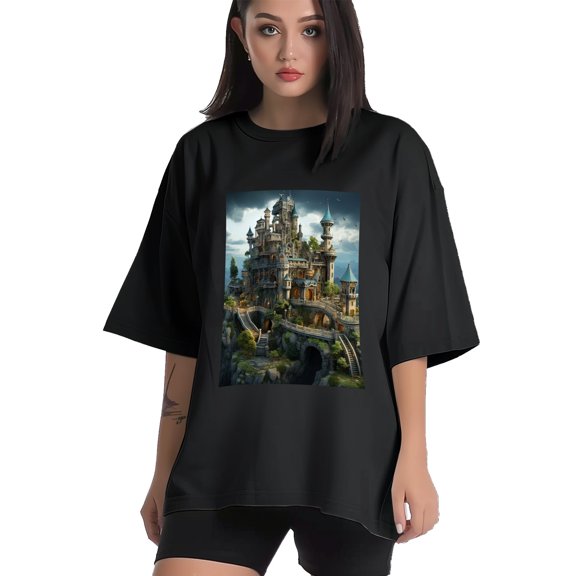 Plus Size Shirt for Women Black Tops for Women Short Sleeves Shirt for Women Castle T Shirt Crewneck Shirt for Women XS