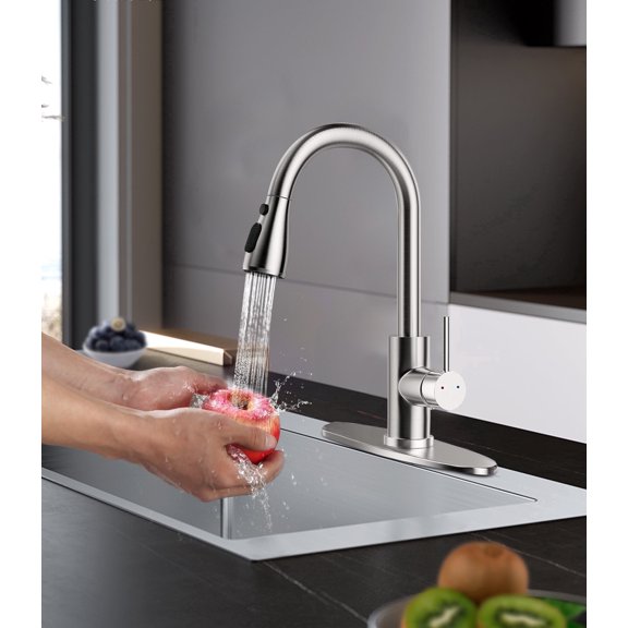 LZSDS Kitchen Faucet with Pull Down Sprayer, Stainless Steel Sink Faucet with Deck Plate, 3-Function Water Flow, Brushed Finish