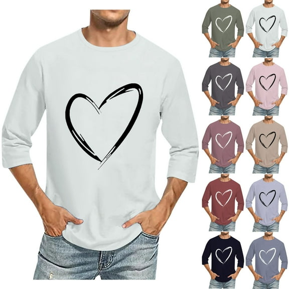 Jinhomg Plain Graphic Tees for Men 2025 Valentines Day Love Heart T-Shirts Big and Tall Comfy 3/4 Sleeve Crew Neck Tops Casual Holiday Dating Wear 2025 Saving Army Green XXXXL