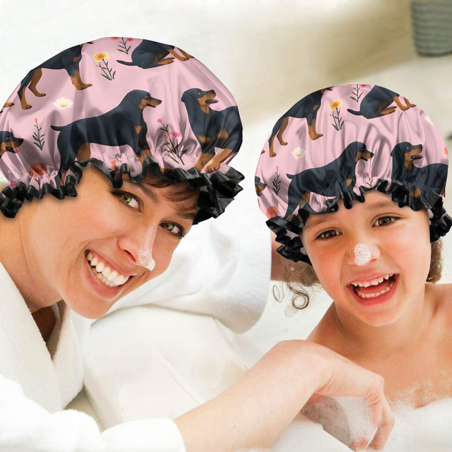 Shower Caps,Rottweiler Dogs with Pioneer Flower Waterproof Shower Cap for Women 4 Pieces,Double Reusable Hair Cover for Shower PEVA Elastic Stretch Hem