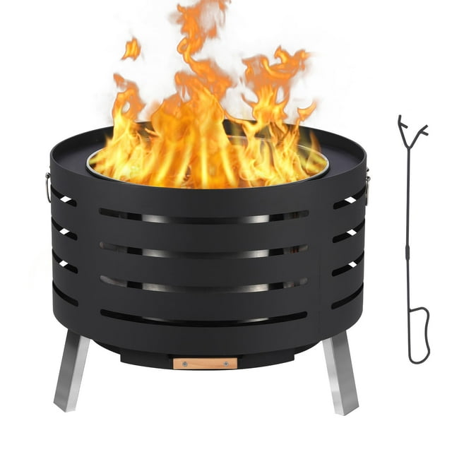 BeesClover 26 Inch Smokeless Fire Pit, Outdoor Wood Burning Firepit with Removable Ash Pan, Bamboo Lid, Weather Resistant Cover, Portable Bonfire Fire Pit for Outside, Patio, Capming, Black