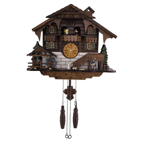 Handcrafted Black Forest Cuckoo Clock, Moving Wood Chopper, Quartz German Design, Musical