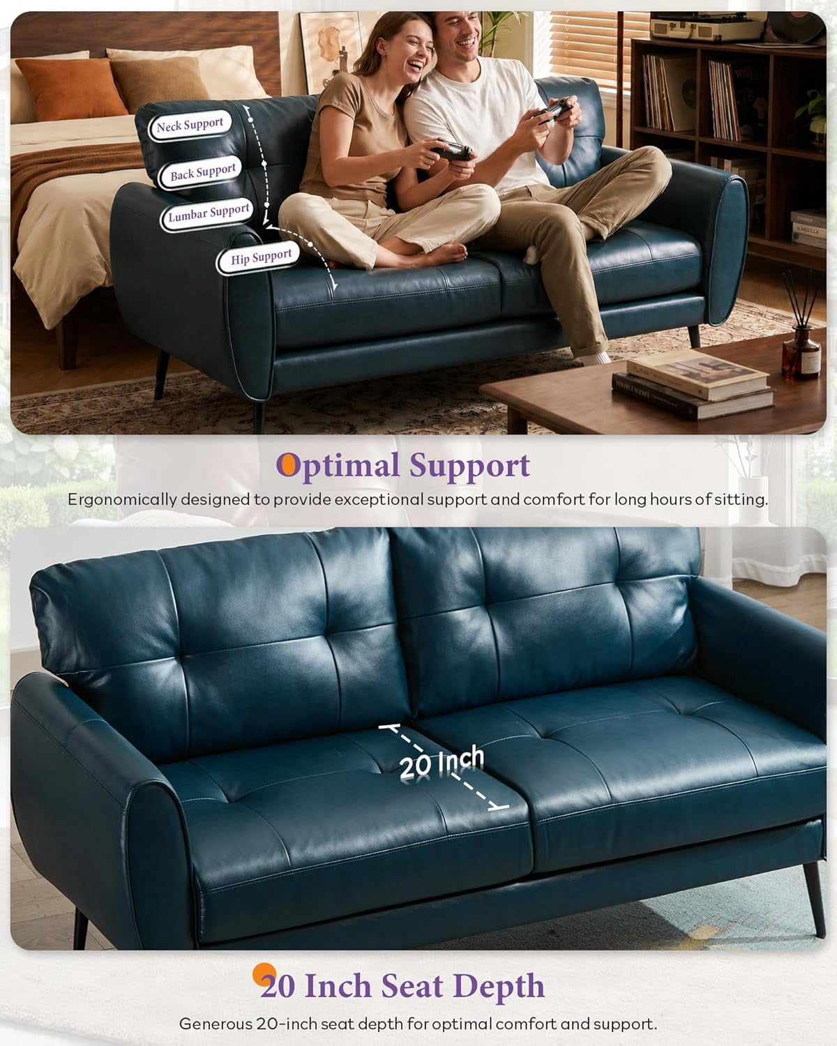 LAZZO 61" Faux Leather Loveseat, Mid Century Modern Tufted 2-Seat Sofa for Small Spaces, Blue