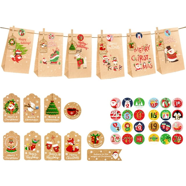 CRCMURE Face Storage Bags Christmas Bags 24 PCS Bags With Christmas Stickers | Christmas Bags For Gifts | Christmas Party For Kids | Small Bags Assorted Sizes Baskets Decorations