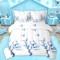 Homewish Graffiti Floral 7-Piece Twin Bedding Sets,Peach Flower Bedding Comforter Set,Blue White Sheet Sets For Boys Kids,Microfiber Bedroom Decor Reversible