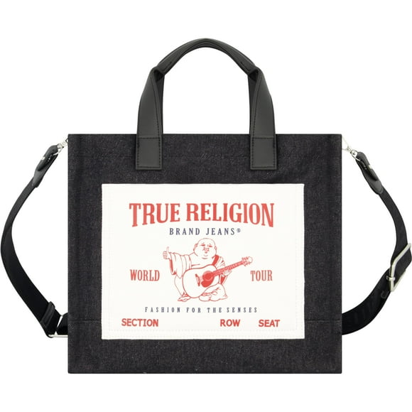 True Religion Tote, Women's Medium Travel Shoulder Bag with Adjustable Strap, Black Denim