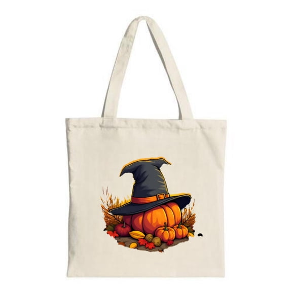 Festive Pumpkin Hat Tote Bag - Canvas Reusable Perfect for Halloween Parties Shopping & Travel Surrounded by Autumn Leaves