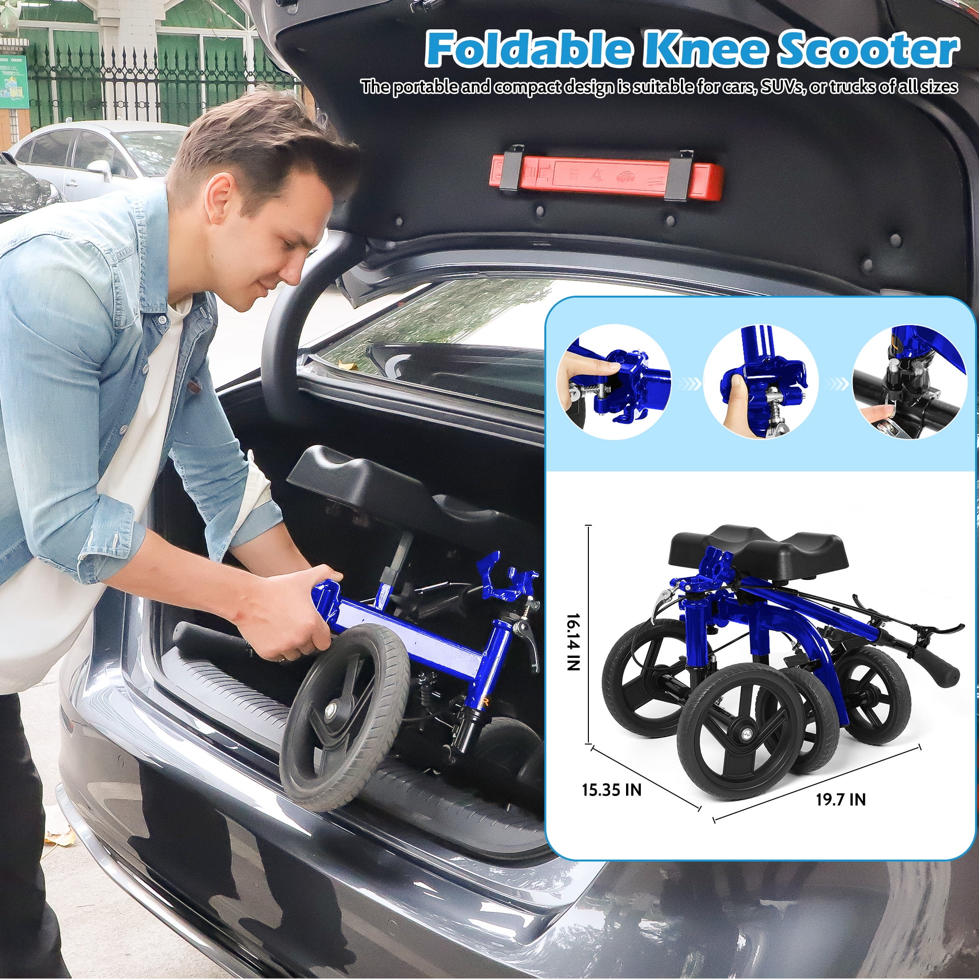 COSYWILL Steerable Knee Scooter,Knee Walker Scooter for Adults with 10" Front Wheels,Foldable Knee Scooter for Foot Surgery Crutches Alternative,Blue