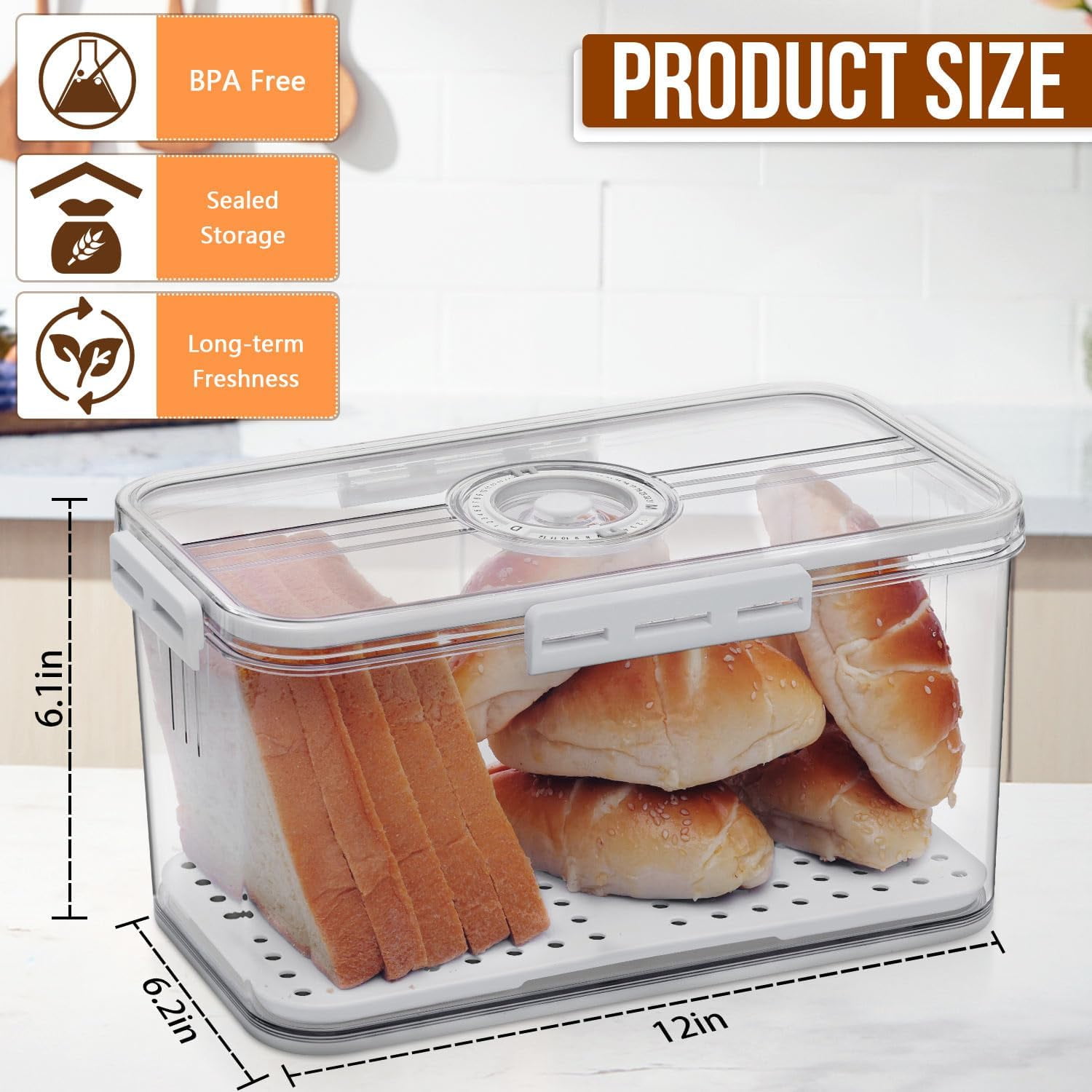 Baodeli Bread Box Bread Boxes for Kitchen Counter Airtight, Time Recording Bread Storage Container with Lid, Bread Keeper for Homemade Bread, Toast, Bagel, Donut and Cookies, White