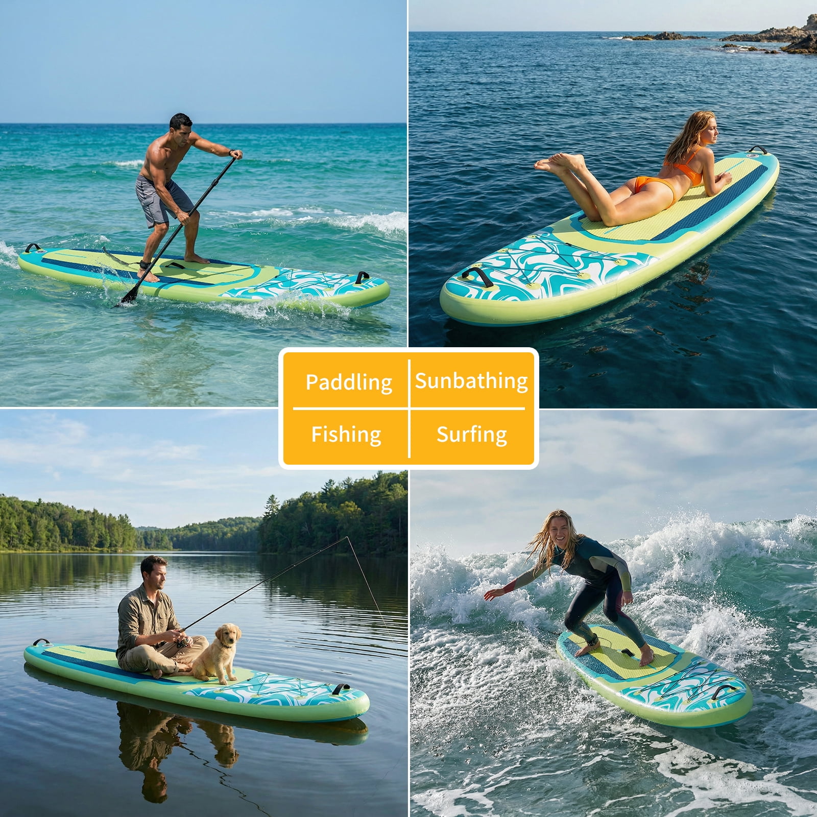 JIOABL 10'5" Inflatable Stand Up Paddle Board, Wide Stable Design, Non-Slip Deck, with Premium SUP Paddle, Pump, Backpack & Leash, Green Blue