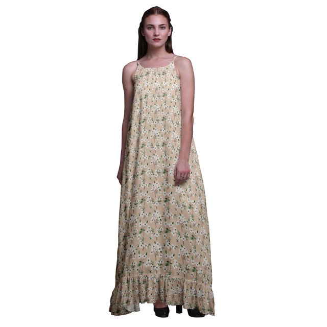 Bimba Nuisette Imprimée Feuilles Florales Rose Pâle & Fleurs Blanches pour Femmes Longue Robe Maxi à Bretelles Spaghetti Taille Moyenne