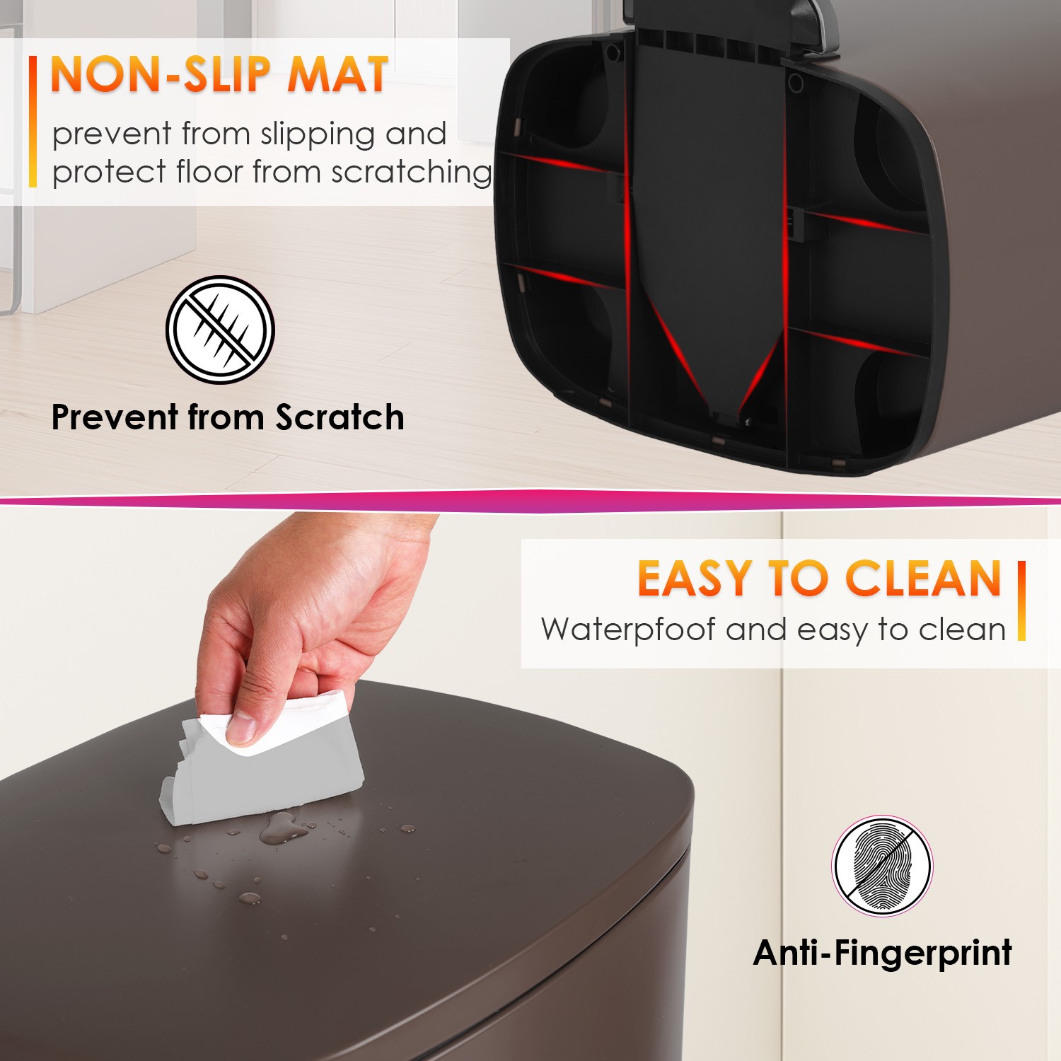 FASCK 13 Gallon/50 L Garbage Can Kitchen Trash Can with Lid for Office Bedroom Bathroom Step Trash Bin Fingerprint-Proof Brushed Stainless Steel 13 Gallon / 50 Liter,Brown