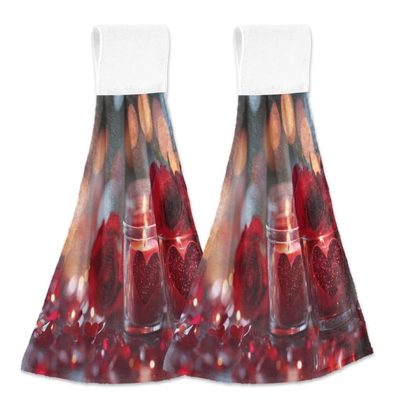 BZSMCE Hanging Hand Towels Fashion Red Heart Candles and Petals Pattern 2-Pack - Velcro Style Bathroom Kitchen Towels
