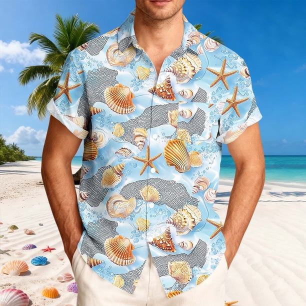 Ceisia Men's Relaxed Fit Light Blue 3D Shell Starfish Print Hawaiian Shirt Short Sleeve Summer Beach Casual Button Down Shirt (S-5XL) Gifts