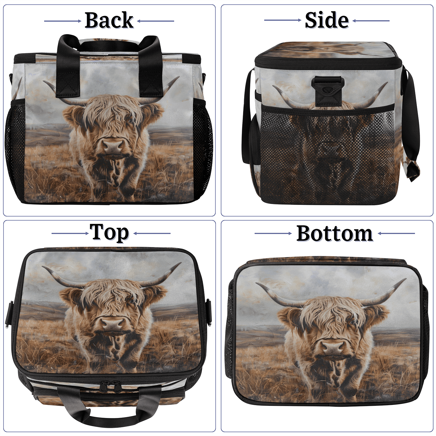 Herdesigns Highland Cow Funny Large Lunch Box for Adults Women Men with Adjustable Shoulder Strap, Insulated Reusable Lunch Bag Leakproof Cooler Tote Bag