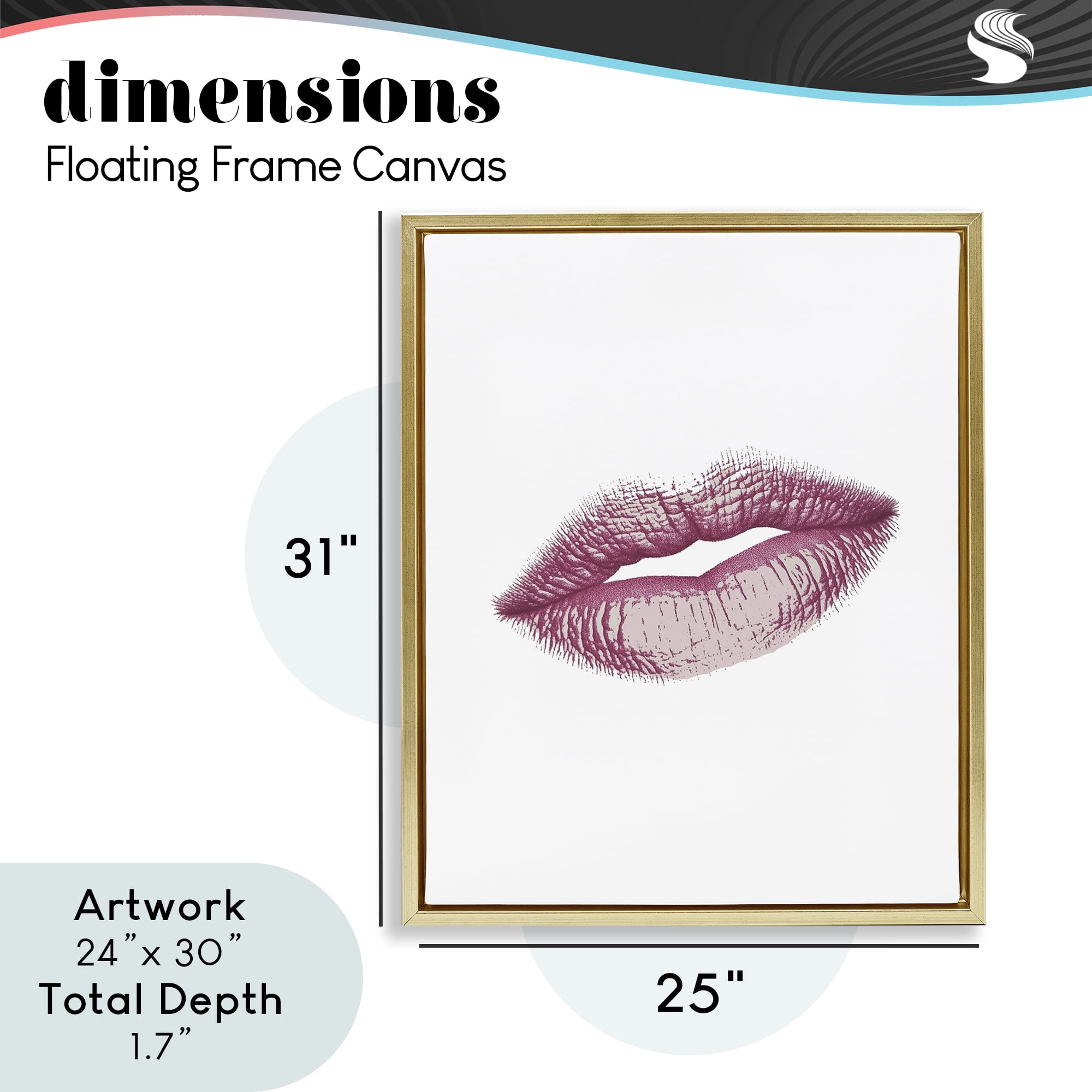 Feminine Pink Lips Glam Gold Framed Floater Canvas Wall Art, design by Christine Simpson Art