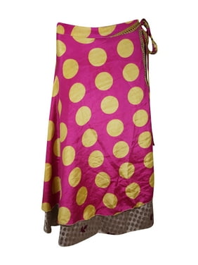 Mogul Women Pink,Gray Magic Wrap Skirt 2 Layer Printed Indian Vintage Sari Reversible Beach Wear Wrap Around Skirts