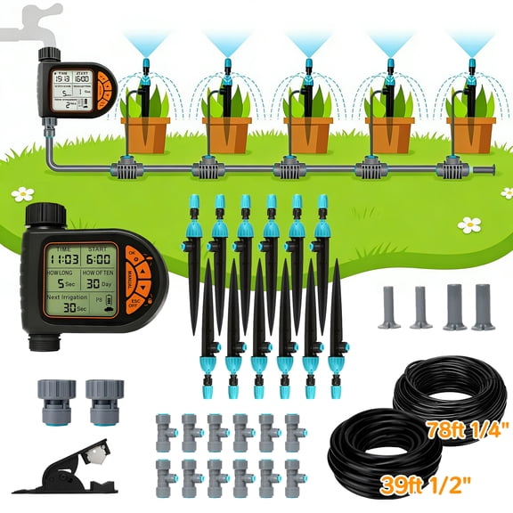 Hyindoor 120FT Automatic Garden Drip Irrigation Kits with Timer, Watering System Adjustable Spray for Lawn, Garden, Greenhouse, Potted Plants