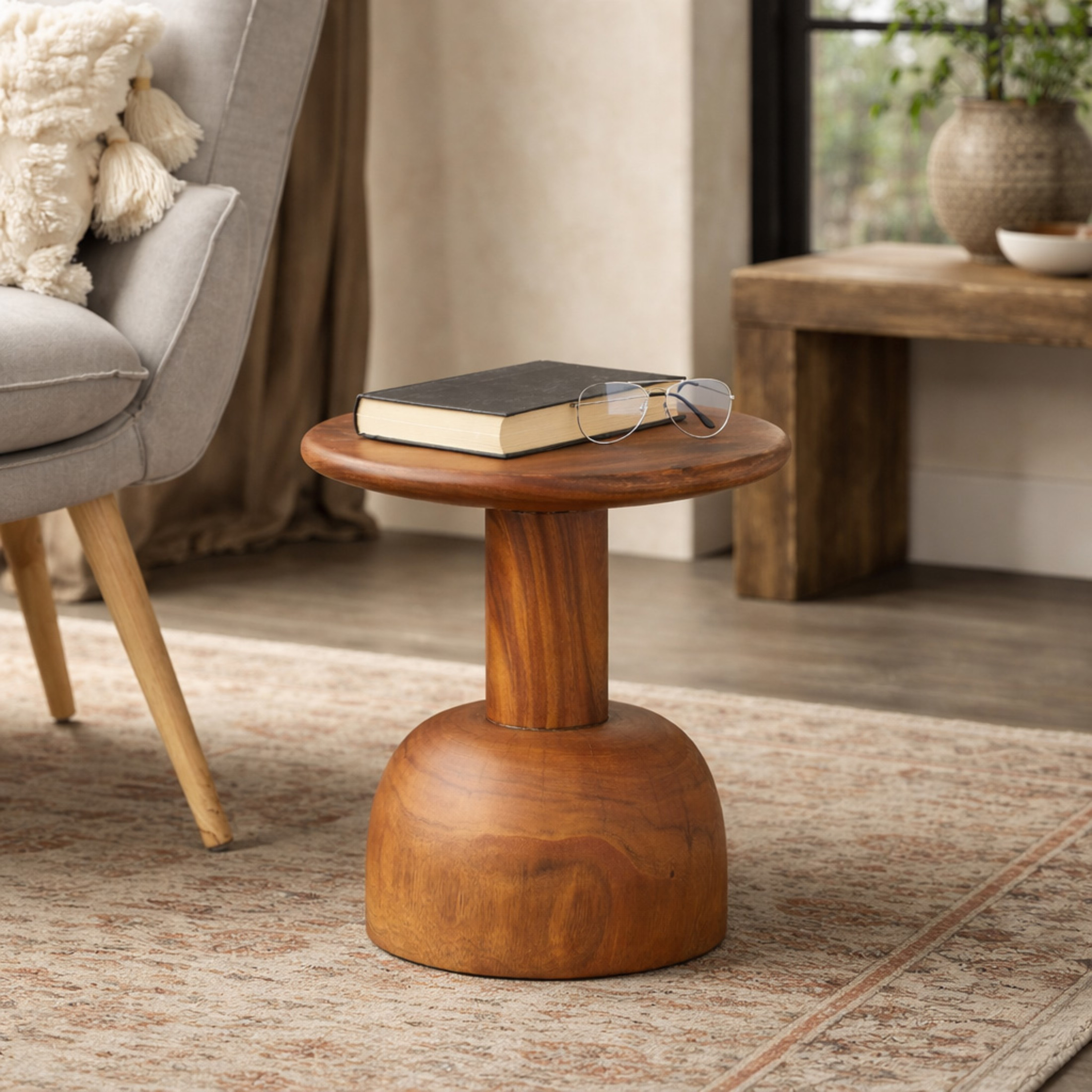 DecMode 16" x 16" Brown Wood Handmade Accent Table with Rounded Block Base, 1-Piece