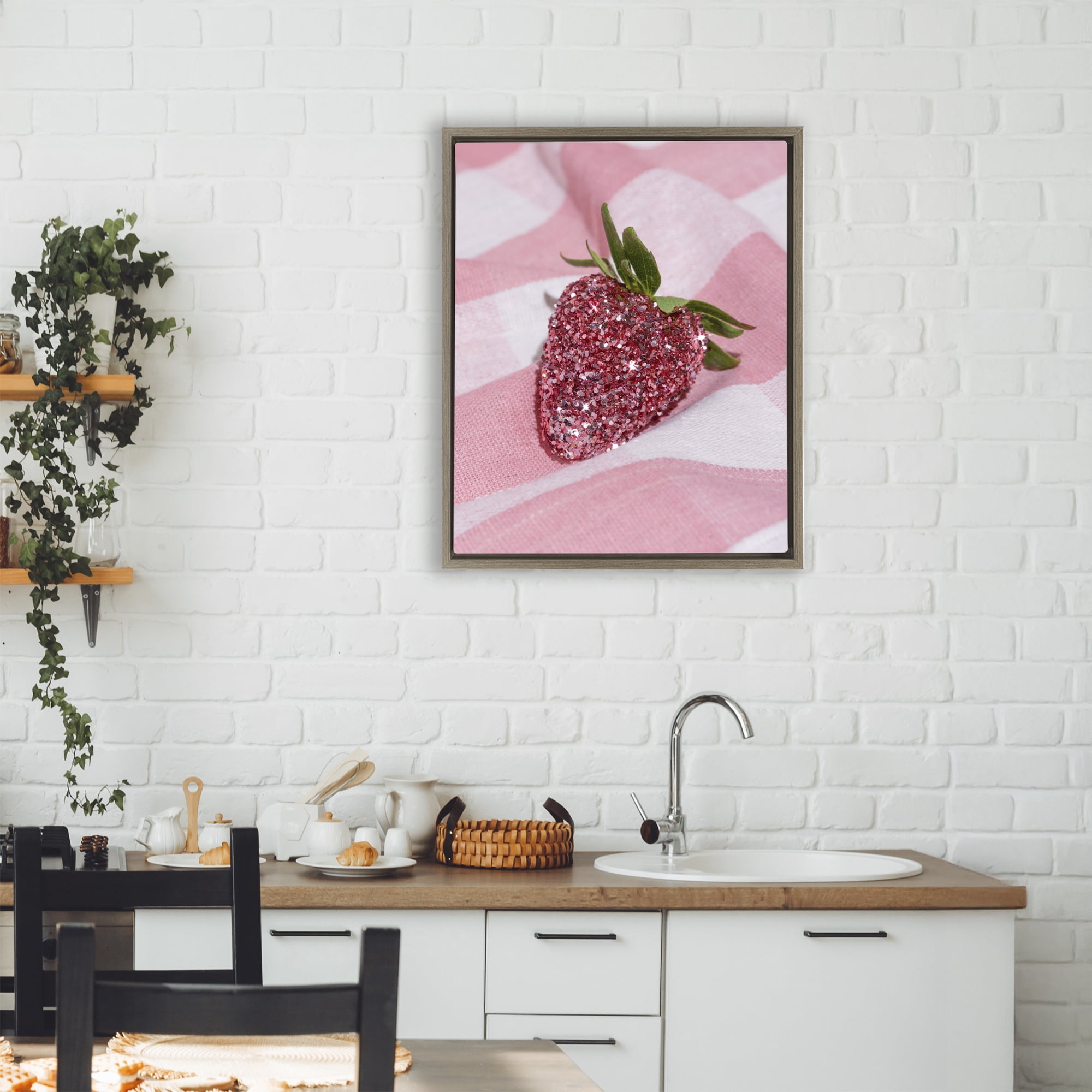 Stupell Industries Glimmer Strawberry on Pink Brown Framed Floater Canvas Wall Art, design by LISH Creative