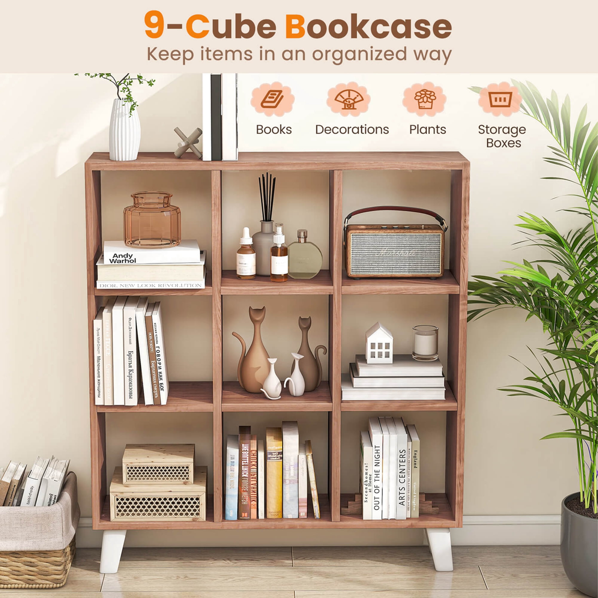 Costway 1 PCS 9-Cube Bookcase with 6 Removable Shelves Raised Support Feet for Living Room Brown