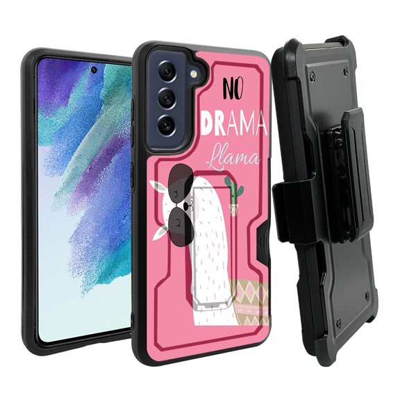 ANJ  Rugged Dual Layer Shockproof Holster Case w/Card Slot   Tempered Glass Cover for Samsung Galaxy S21 FE 5G - Cartoon Llama