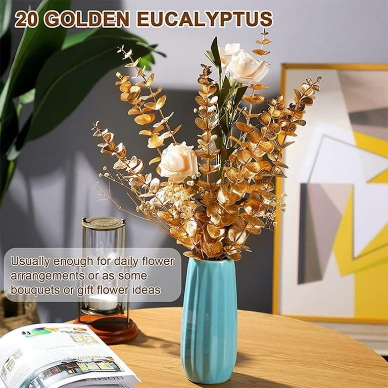 5Pcs Gold Artificial Eucalyptus Stems Fall Decor Floral Flower for Wedding  Party Bouquet Home Farmhouse Vase Arrangement Craft